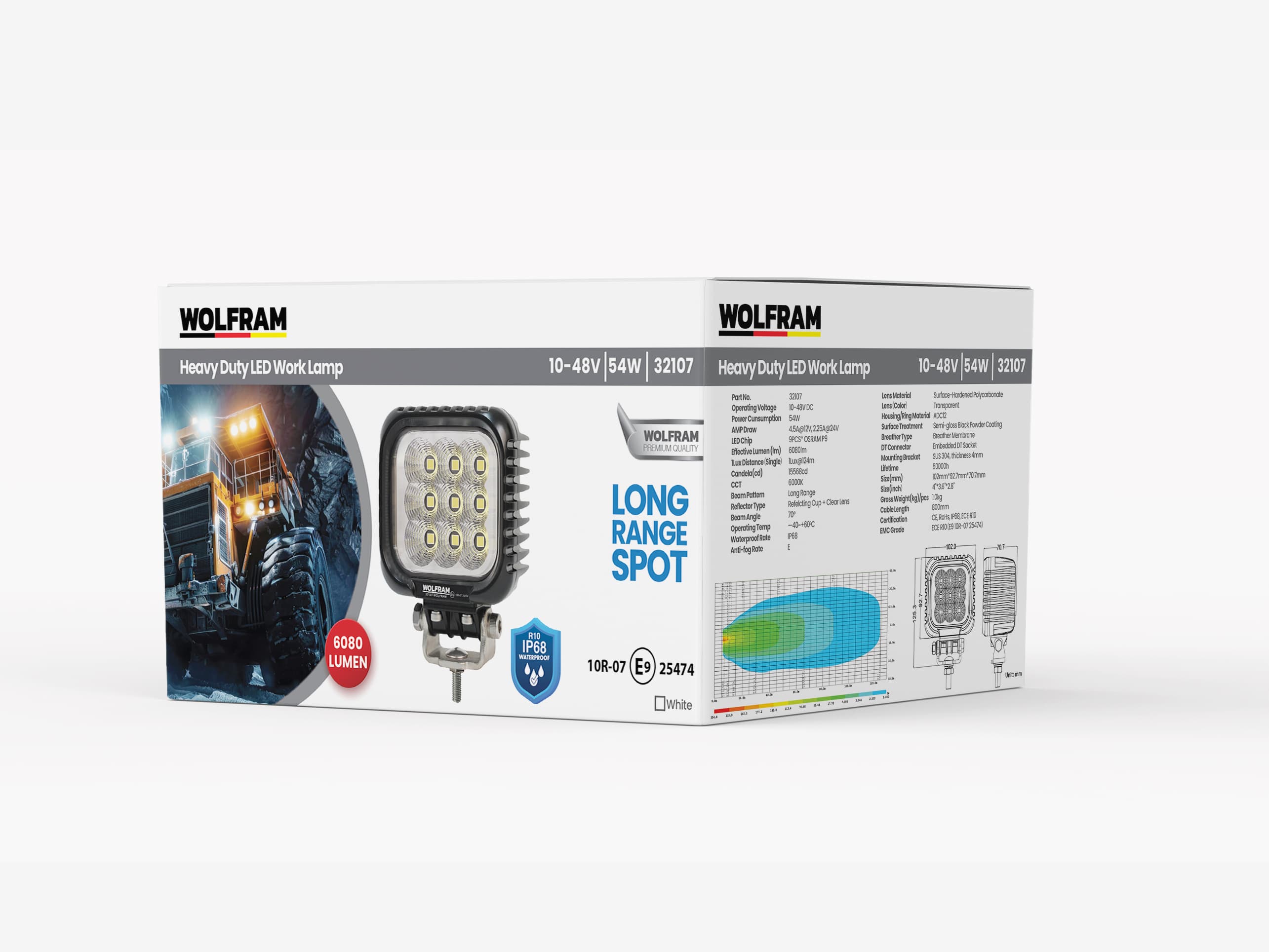 9 LED Çalışma Lambası Ağır Hizmet 6.081 Lümen Spot DT Soket 10/48V E-Belgeli 53W