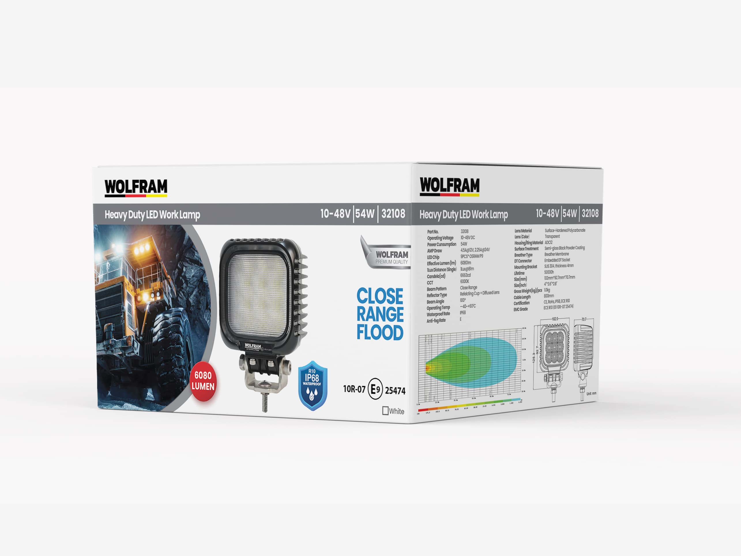 9 LED Çalışma Lambası Ağır Hizmet 6.081 Lümen Flood DT Soket 10/48V E-Belgeli 53W