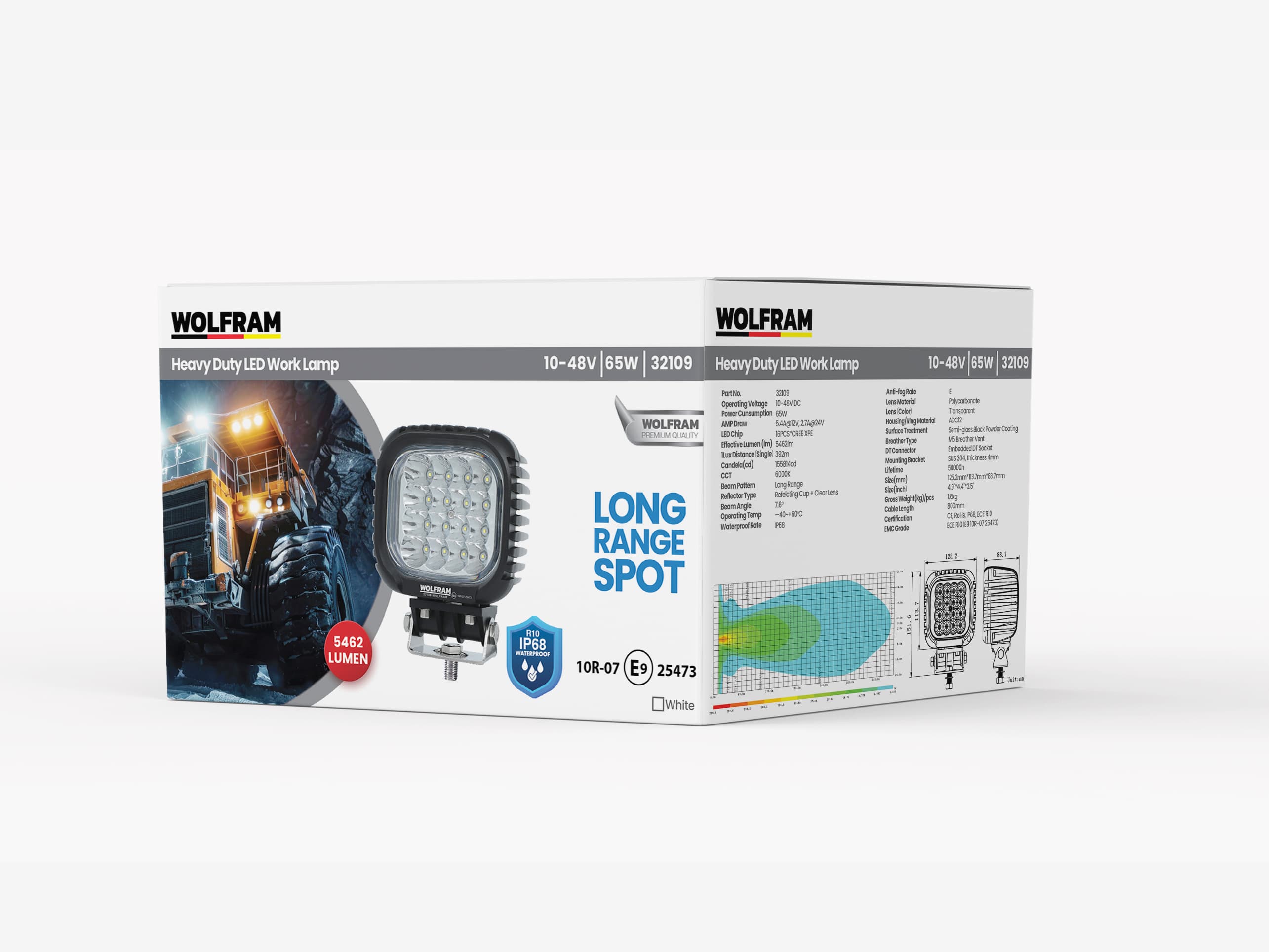 16 LED Çalışma Lambası Ağır Hizmet 5.500 Lümen Spot DT Soket 10/48V E-Belgeli 64W